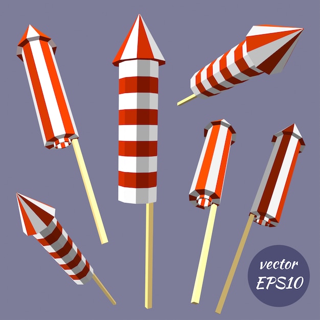 Set of fireworks, poppers isolated on white background. Celebrating birthday. Low poly style.