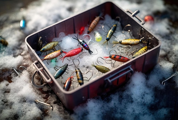 Set of fishing lures in tackle box on frozen grass