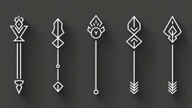 A set of five arrows with different shapes and sizes