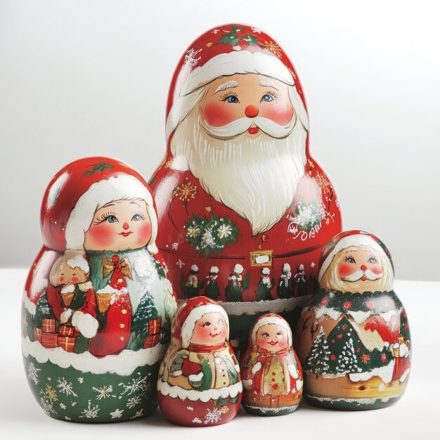 Set of five traditional Russian nesting dolls decorated with a Christmas theme