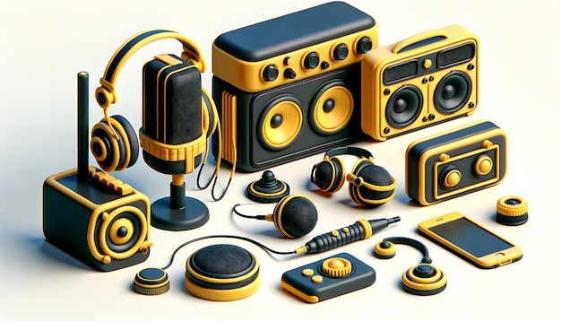 Set of five yellow and black retro electronic device cartoons headphones mic speaker camera TV