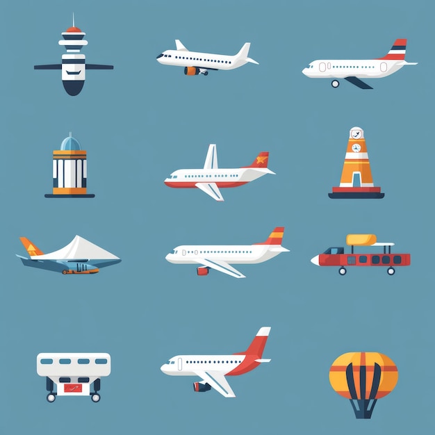 Photo set of flat icons on the theme of air travel