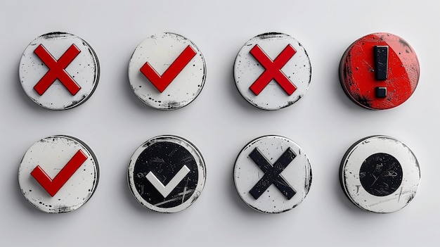 Set of flat round check mark exclamation point X mark icons buttons isolated on a white background E