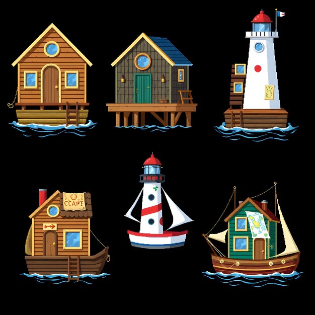 Photo set floating river houses with nautical touches wooden planks porthole windows and rope ladders l