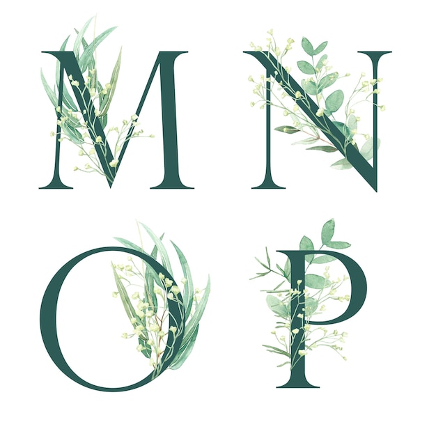 Set of floral alphabets letters M N O P