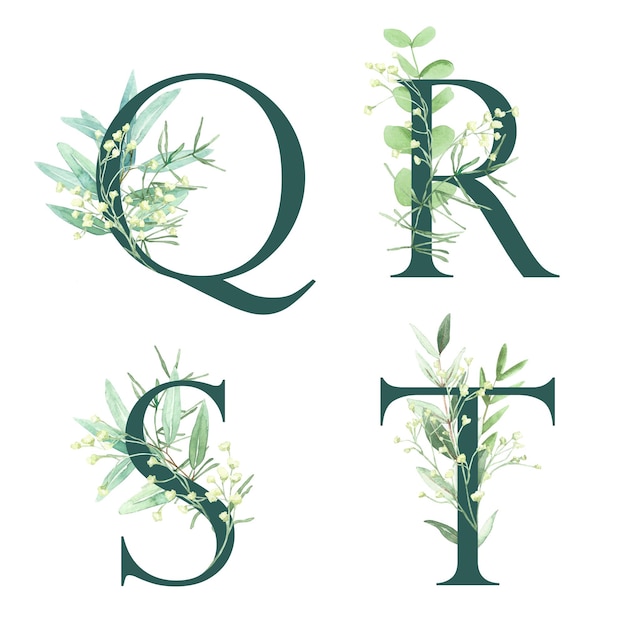 Set of floral alphabets letters Q R S T The letters of the alphabet are dark green