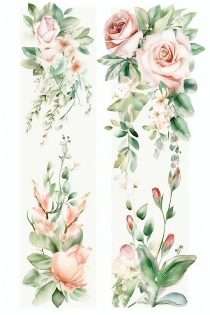 A set of floral banners with pink roses and green leaves.