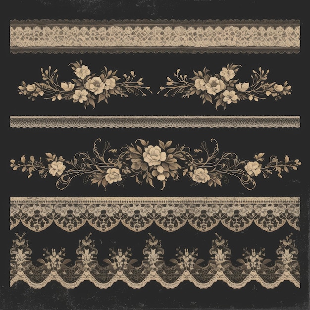 Set of floral borders for embroidery on a black background