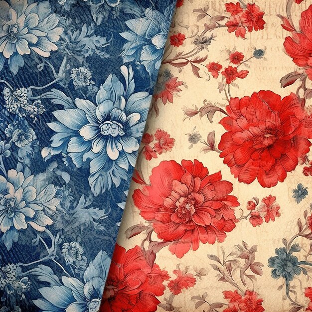 A set of floral fabric with red and blue flowers.