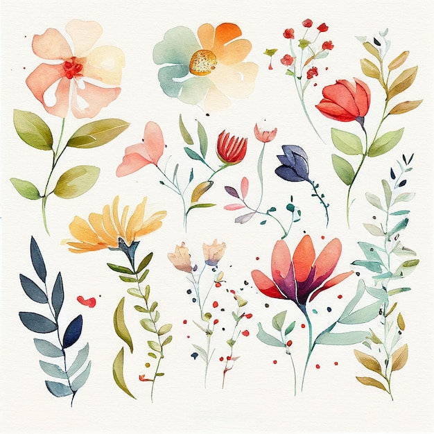 Set flowers and leave painting watercolor floral illustration created with Generative AI technology