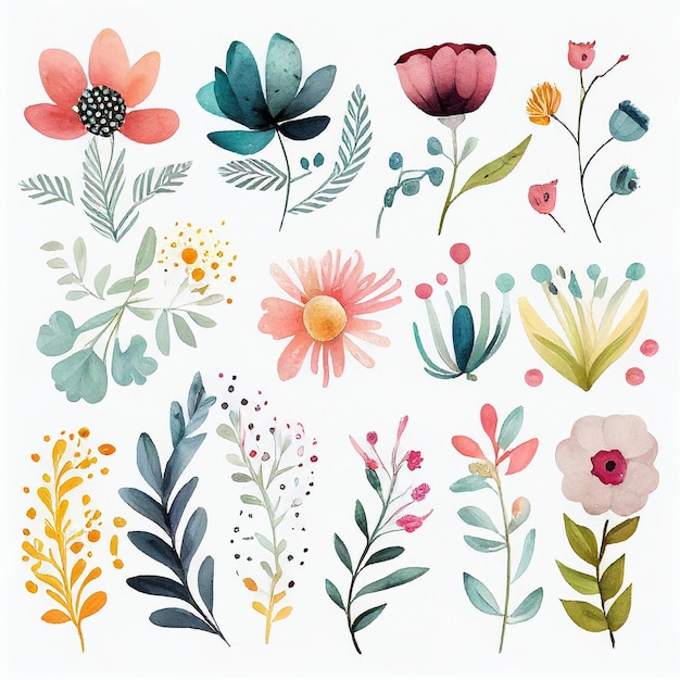 Set flowers and leave painting watercolor floral illustration created with Generative AI technology