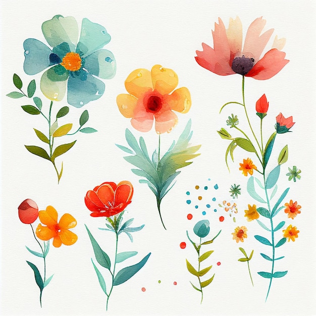 Set flowers and leave painting watercolor floral illustration created with Generative AI technology