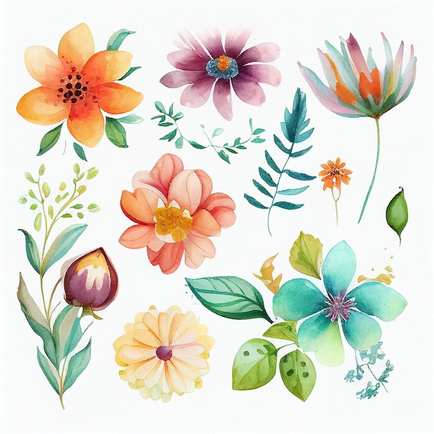 Set flowers and leave painting watercolor floral illustration created with Generative AI technology