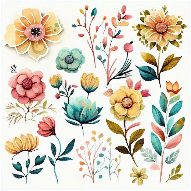 Set flowers and leave painting watercolor floral illustration created with Generative AI technology