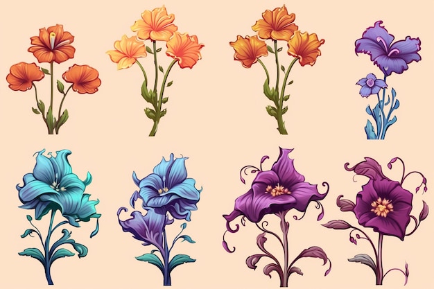 A set of flowers in several different colors