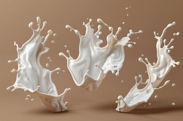 Photo set of flying milk splashes isolated on a brown background white liquid waves and swirls for desig