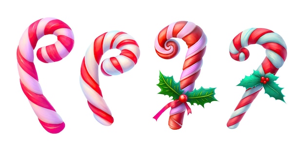 Set of four candy canes in a row with christmas decoration isolated on white background digital illustration