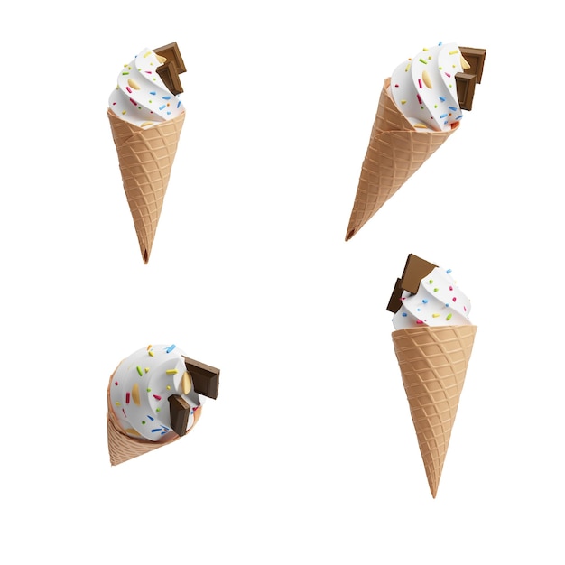 Set of four cartoon ice cream from different angles on white background