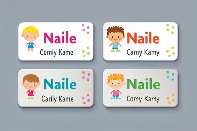 Photo set of four children name card isolated on grey useful as label or sticker