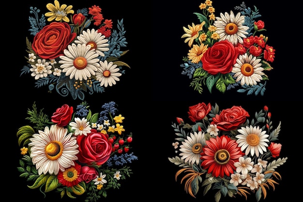 a set of four drawings of a bouquet of flowers