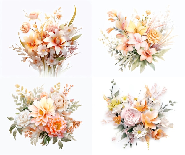 a set of four drawings of a bouquet of flowers