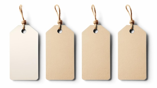 Set of four elegant blank hangtags in beige tones isolated on a white background with copyspace