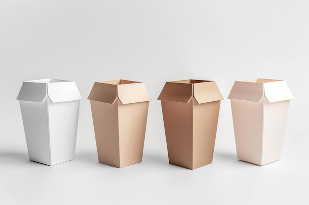 Set of four empty and closed takeout boxes on a plain background