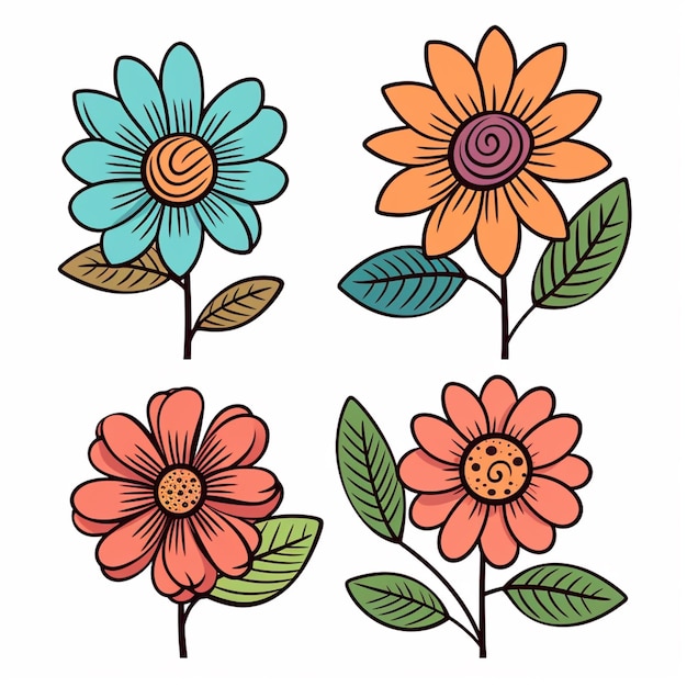 A set of four flowers with leaves and a ladybug generative ai