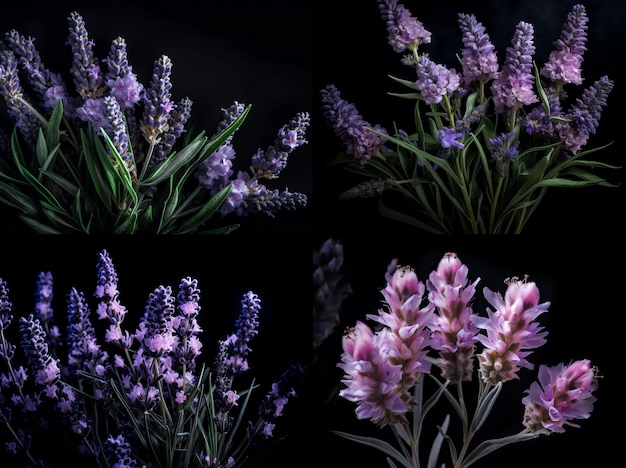 a set of four pictures of a bouquet of lavender on a black isolated background