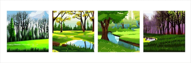 Set four square posters Spring landscape with forests river mountain sun blue sky and clouds rural nature