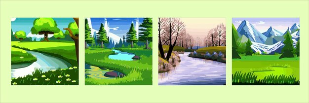 Set four square posters Spring landscape with forests river mountain sun blue sky and clouds rural nature