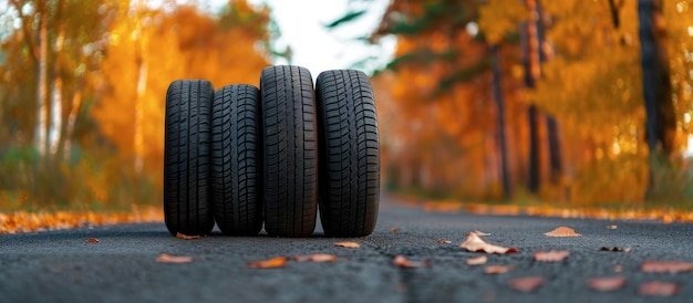 A set of four tires on the asphalt road in front