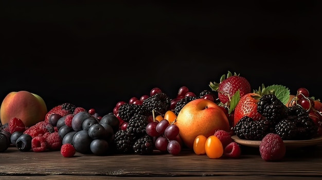 Set of fresh berries and fruits on a dark background Side view Generative AI