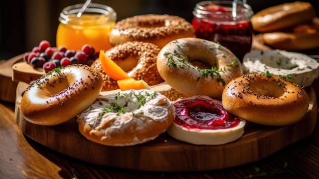 Set of fresh bread bagels with with berry jam and cheese cream