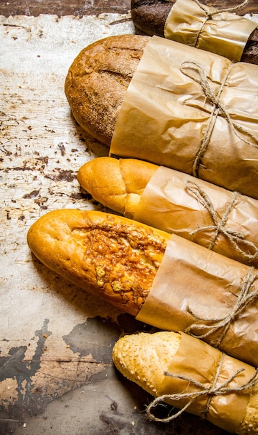 Set fresh bread on a rustic table.