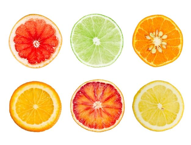 Set of fresh citrus slices cut in half Grapefruit lime mandarin orange blood red orange and lemon isolated on white background