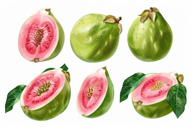 Photo set of fresh guava fruits illustration isolated over on transparent white background