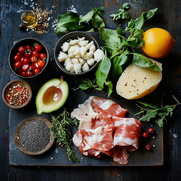 Photo a set of fresh products for the keto diet on a dark wooden table