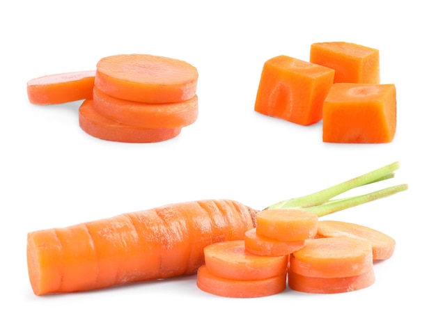 Set of fresh ripe carrots on white background