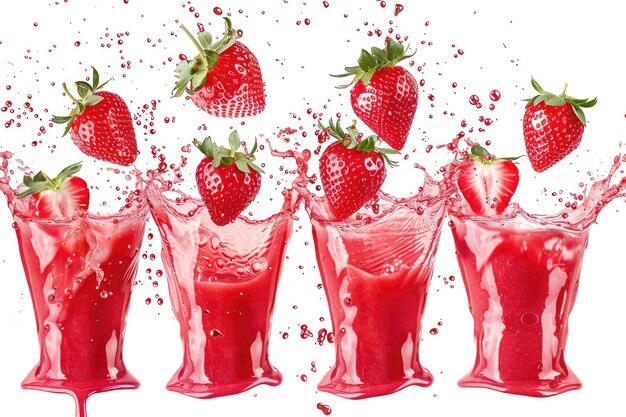 Photo set of fresh strawberry juice splashes isolated on white background vibrant fruit beverage concept