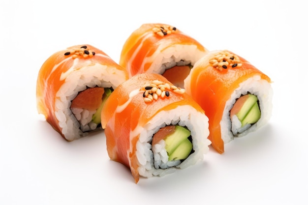 A set of fresh sushi rolls with salmon avocado Japanese cuisine