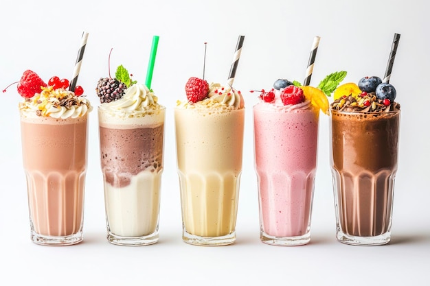 Photo set of fresh various delicious milkshakes or smoothies top vies isolated on white background