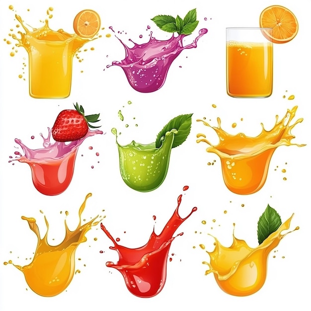 Photo set of fruit juice splashes isolated on a white background