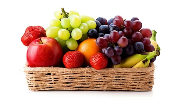 Set of fruit and vegetable basket containing grapes mango carrots apple bananas and tomatoes on white background Generative Ai