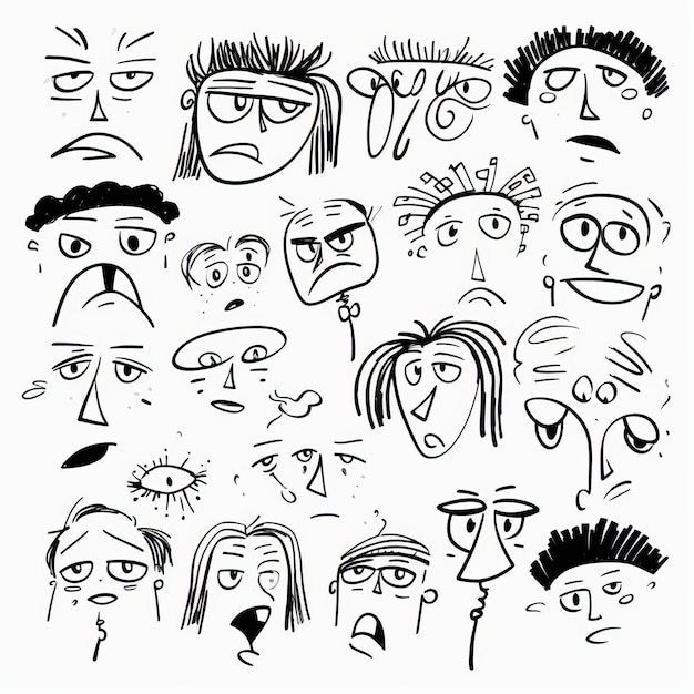 Set of funny doodle faces Hand drawn vector illustration