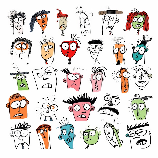 Photo set of funny doodle faces hand drawn vector illustration