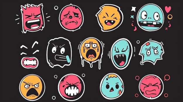 Photo set of funny fictional characters expressing different feelings on black background round icons stickers