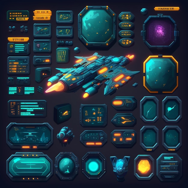 A set of futuristic sci themed elements including a spaceship generative ai