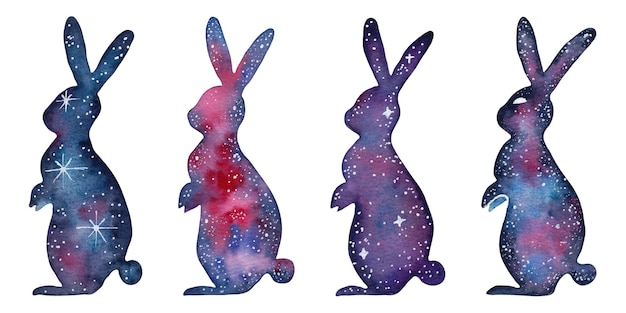 A set of a galactic animal hare The shape of a hare in different space styles Watercolor art