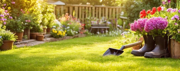 Set of garden tools and pots with plants and beautiful colorful blooming flowers